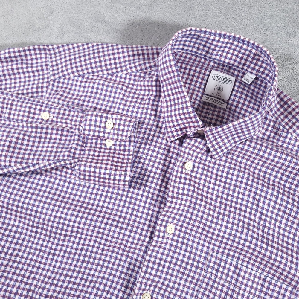 Gitman Bros Shirt Mens L Purple Gingham Button Down Trim Fit Wingspan Stretch